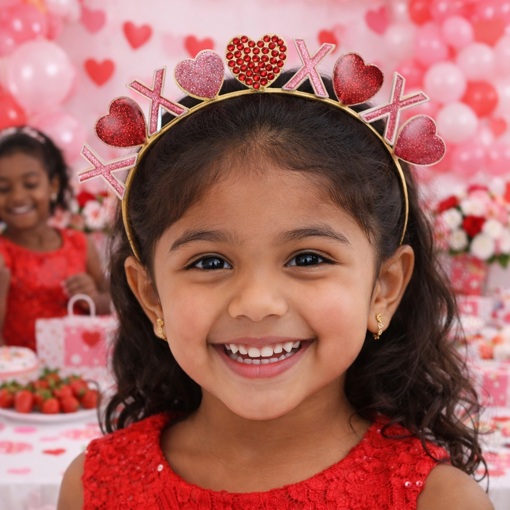 Girls XO Valentine Headband – Red & Pink Glitter Heart Rhinestone Hair Accessory for Kids Party Outfit