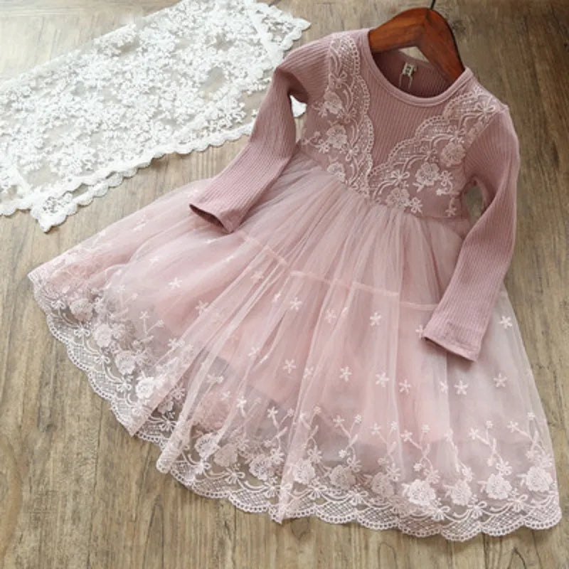 Pink Lace Tulle Long-Sleeve Dress for Girls – Elegant Floral Embroidered Party Dress