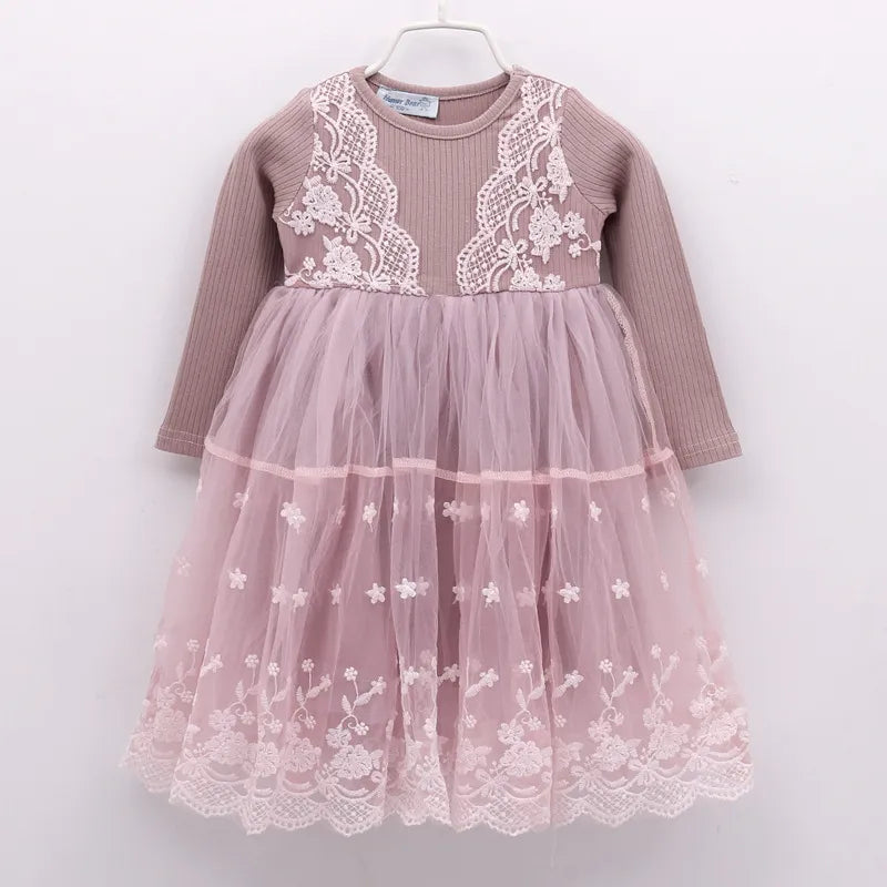Pink Lace Tulle Long-Sleeve Dress for Girls – Elegant Floral Embroidered Party Dress