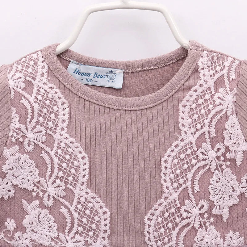 Pink Lace Tulle Long-Sleeve Dress for Girls – Elegant Floral Embroidered Party Dress