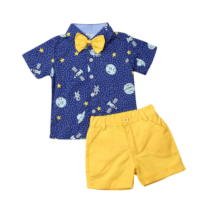 Toddler Boys 2-Piece Outfit – Space Print Shirt with Yellow Bow Tie & Shorts Set