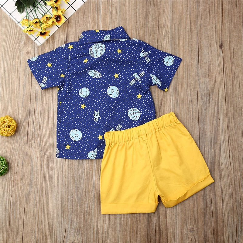 Toddler Boys 2-Piece Outfit – Space Print Shirt with Yellow Bow Tie & Shorts Set