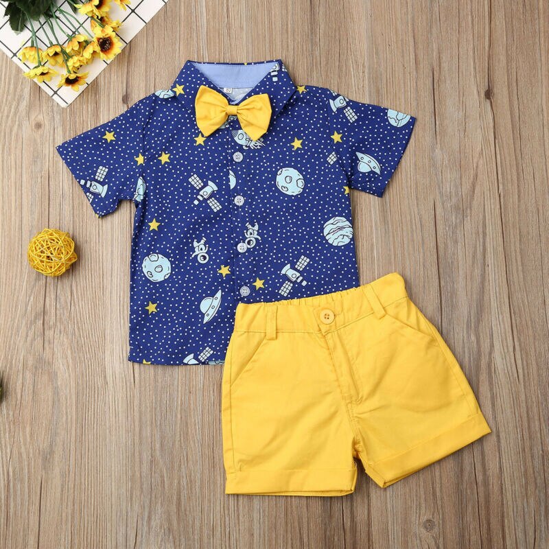 Toddler Boys 2-Piece Outfit – Space Print Shirt with Yellow Bow Tie & Shorts Set