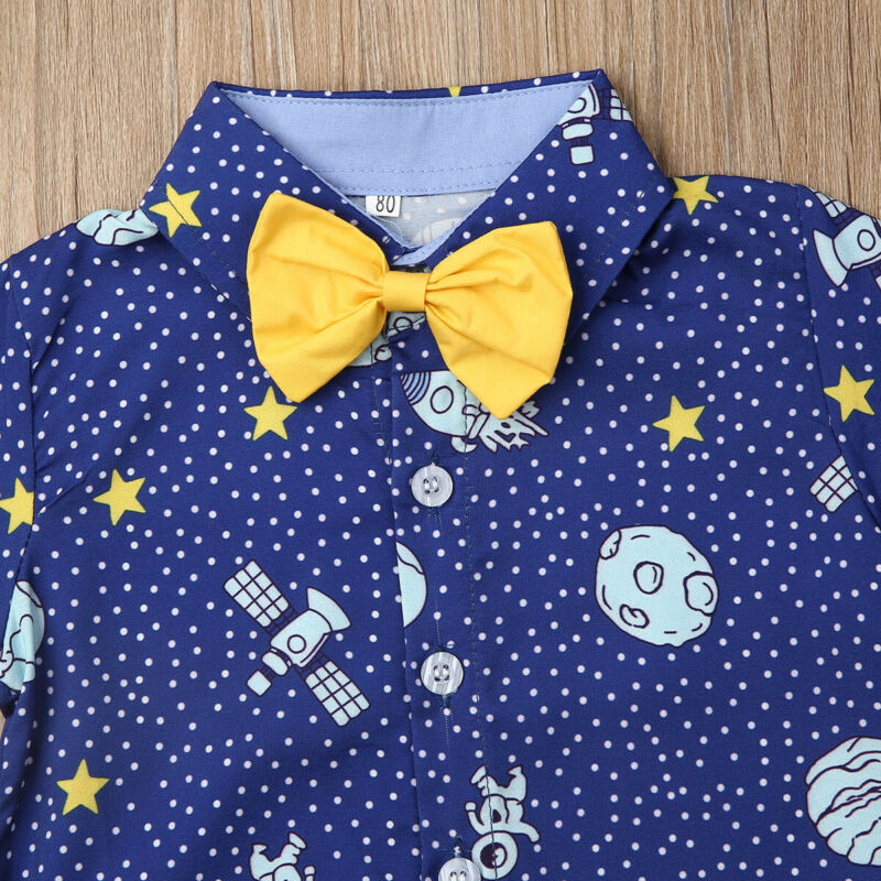 Toddler Boys 2-Piece Outfit – Space Print Shirt with Yellow Bow Tie & Shorts Set