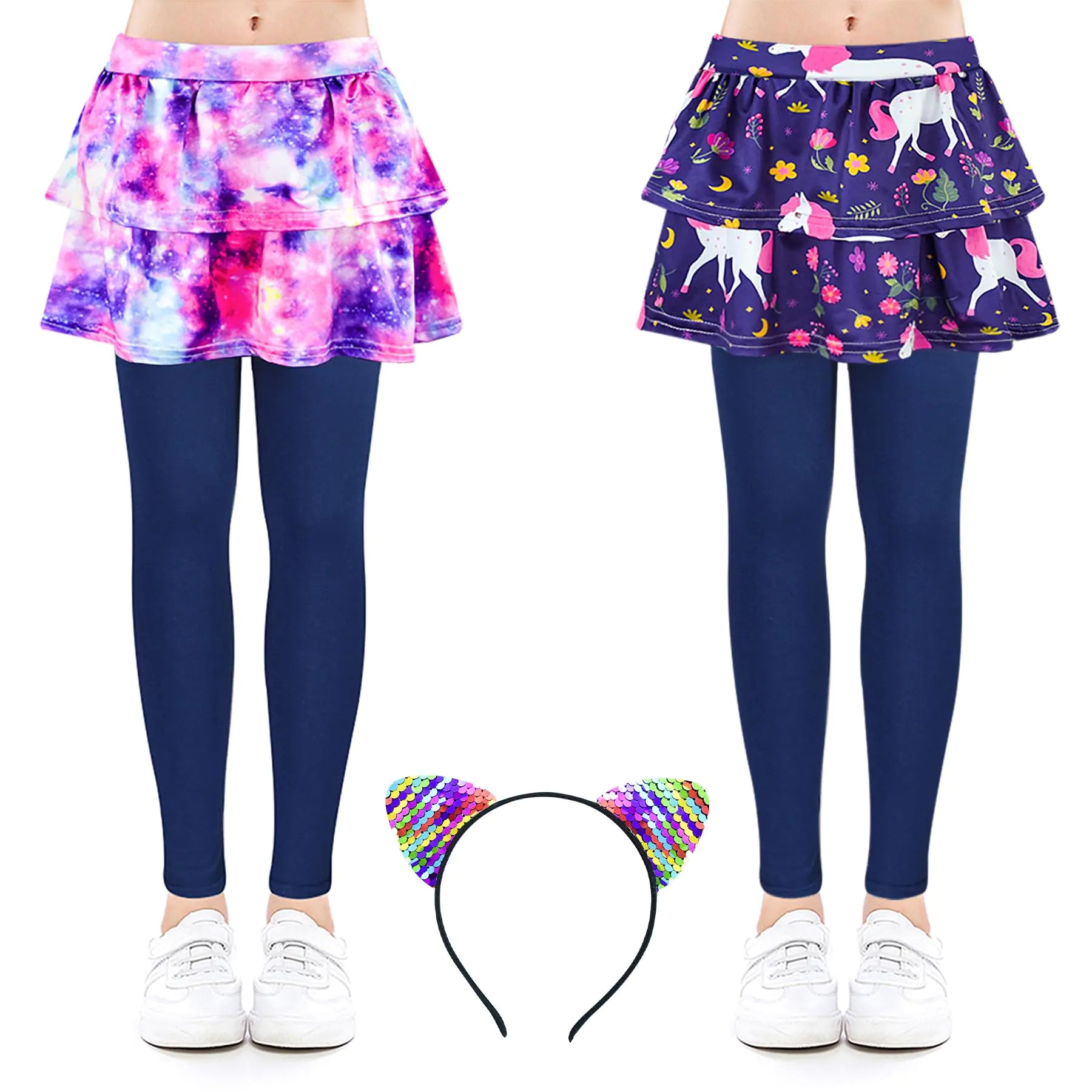 ZukoCert 2-Pack Girls Skirt Leggings Set – Soft Cotton Leggings with Attached Skirt for Girls 4-10 Years