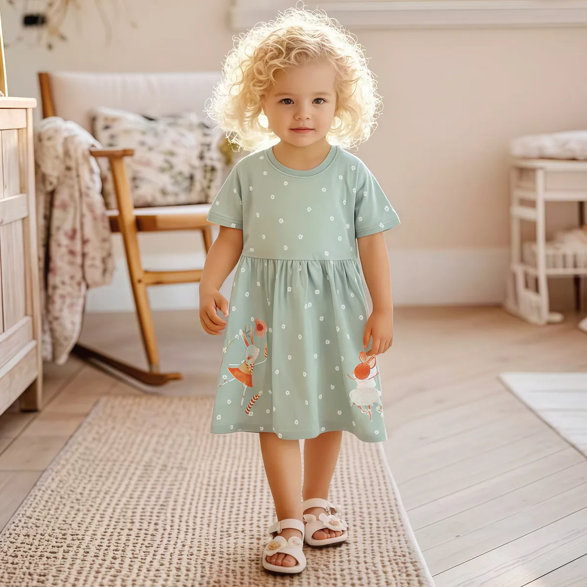 Toddler Girl Bunny & Mouse Flower Print Dress