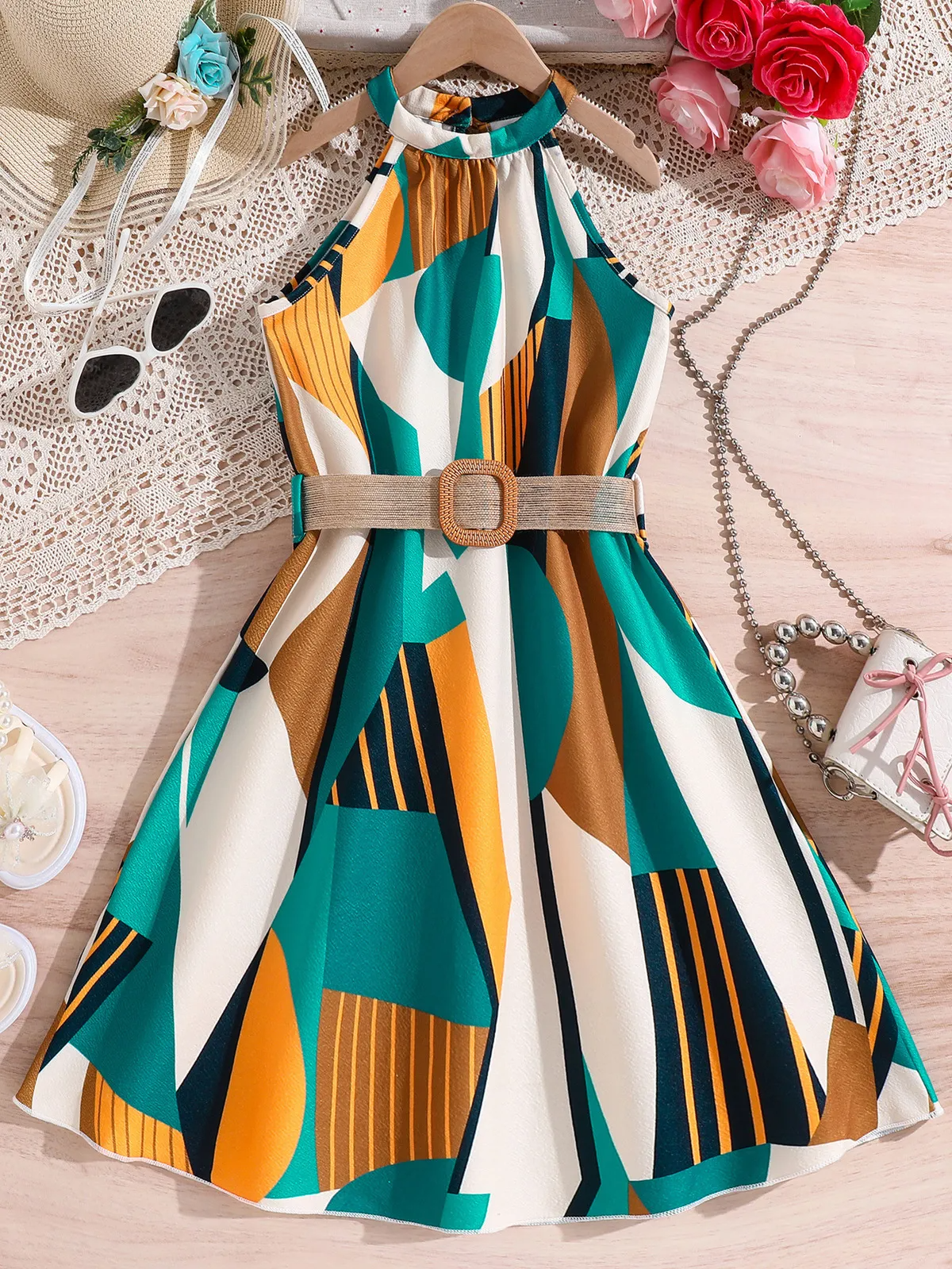 GIRLS GEO PATTERN PRINT SLEEVELESS DRESS