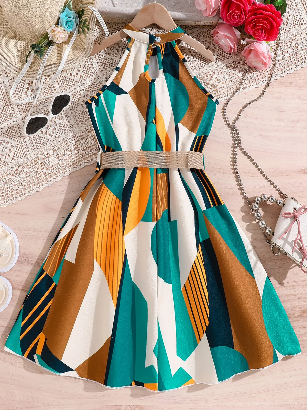 GIRLS GEO PATTERN PRINT SLEEVELESS DRESS