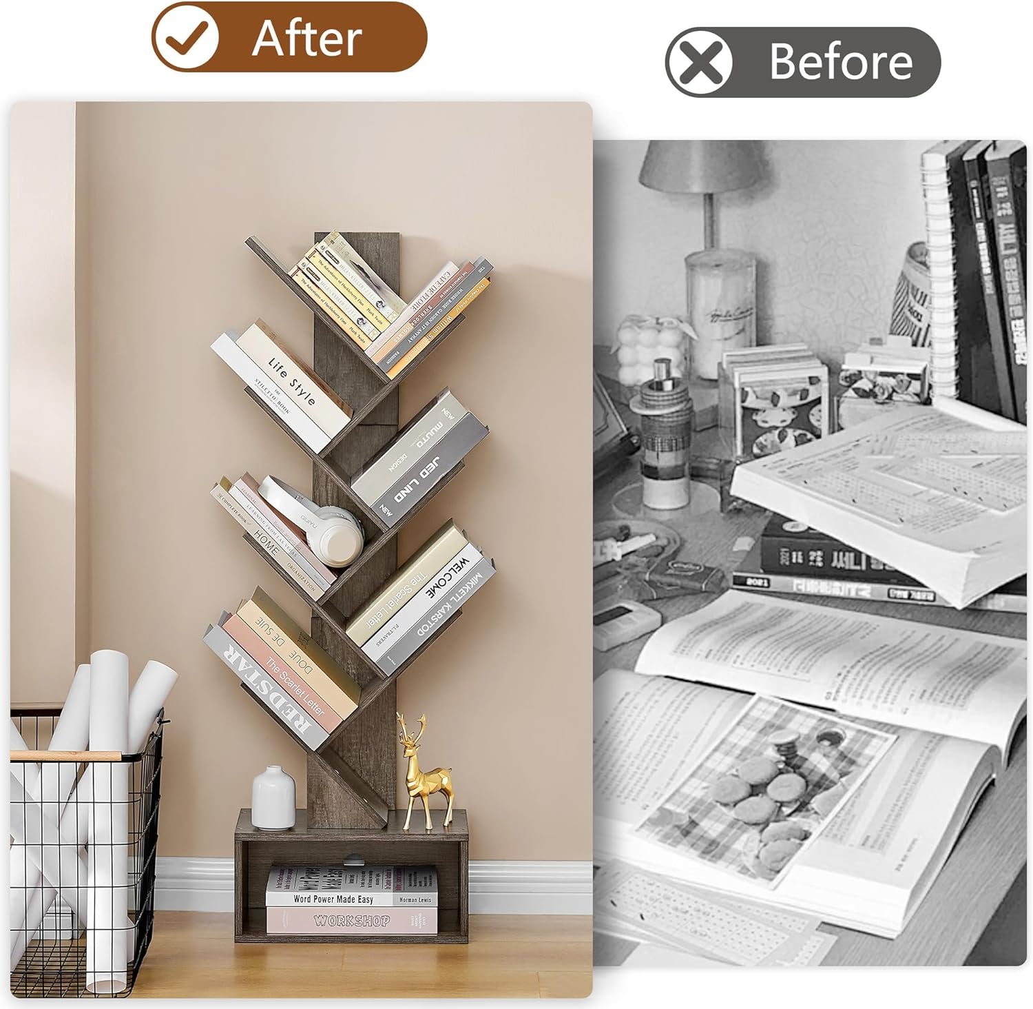 6 Tier Tree Bookshelf, Tall Bookcase with Drawer, Freestanding Book