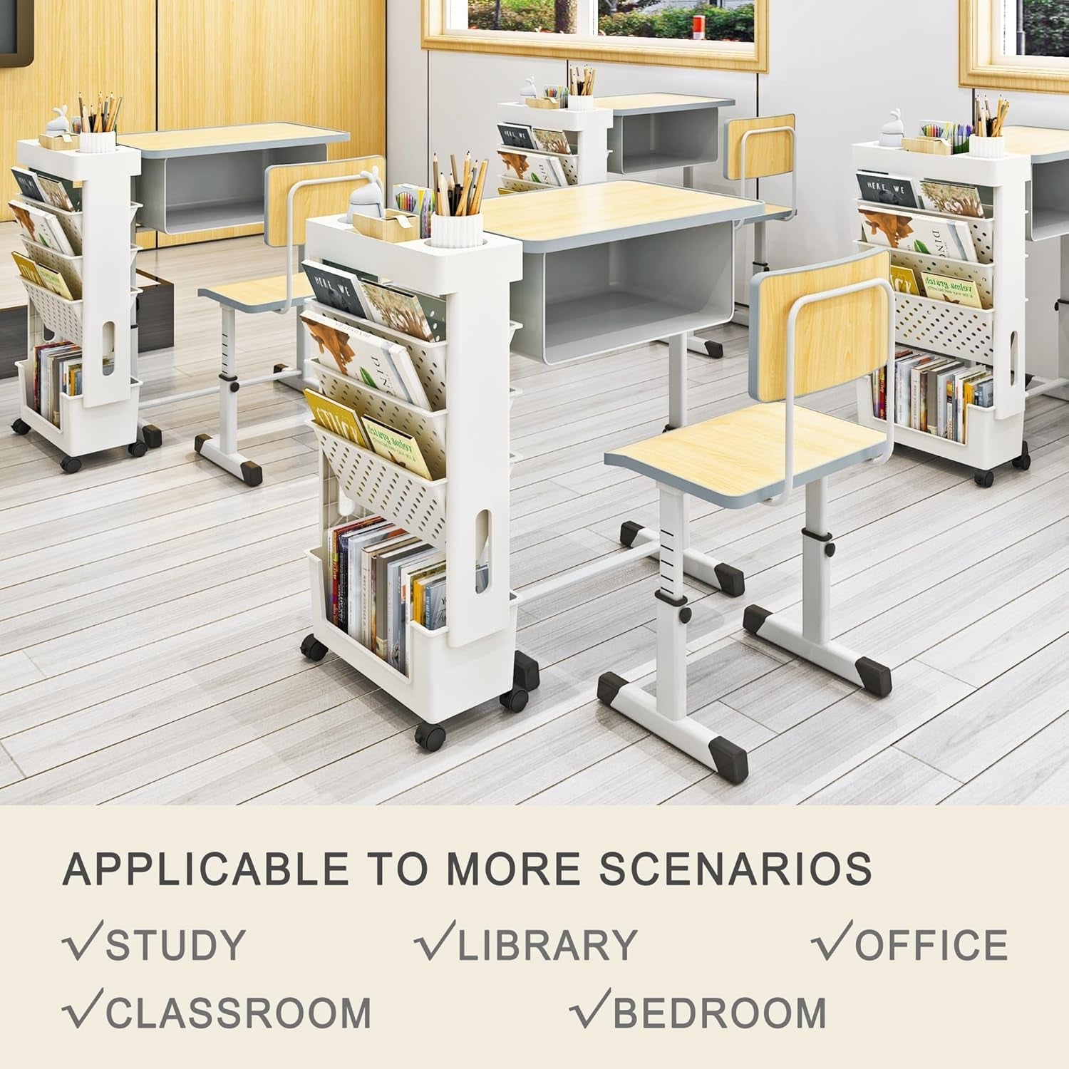 5-Tier Mobile Bookshelf, Rolling Bookcase Book Storage Rack, Movable