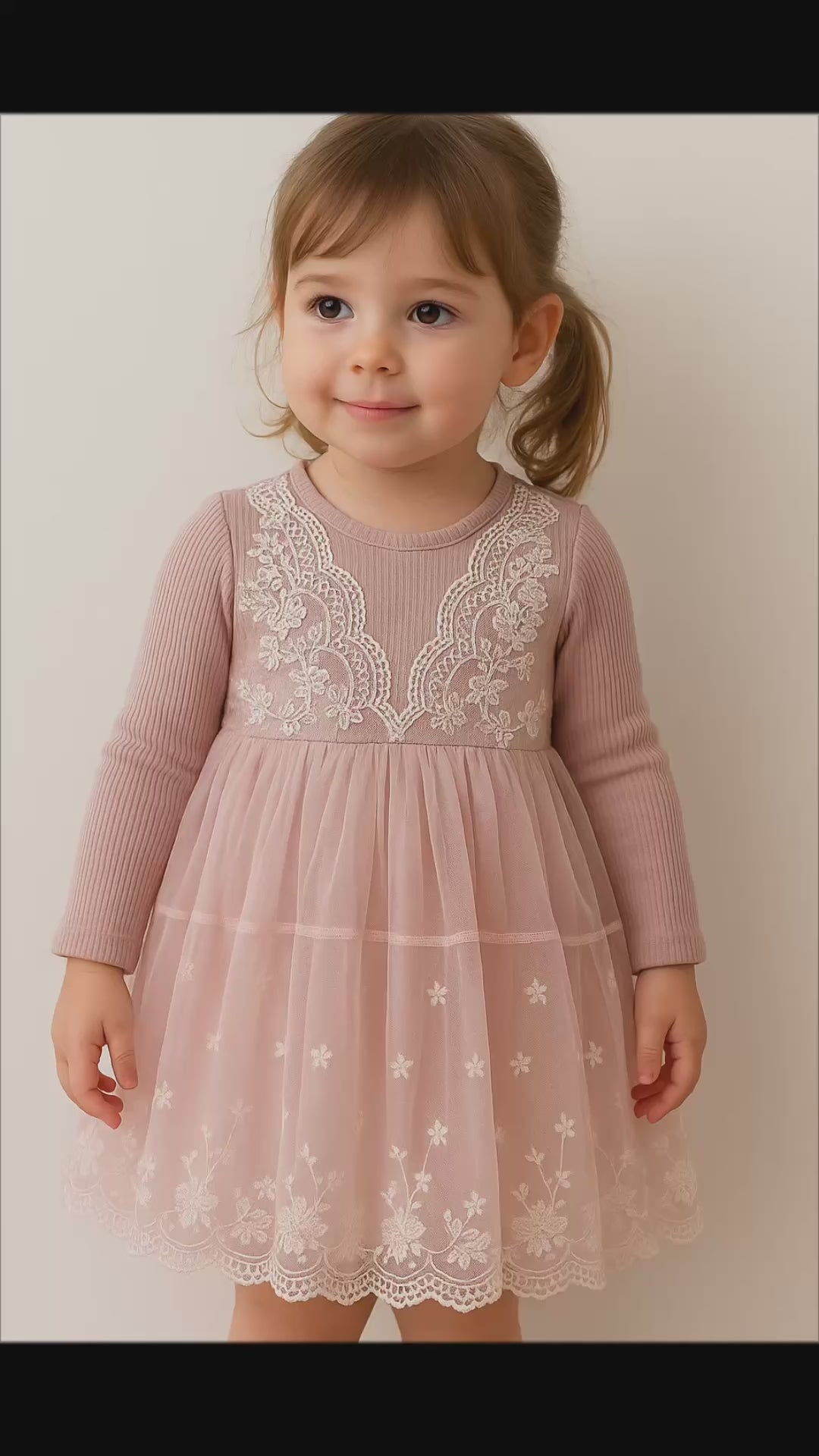 Pink Lace Tulle Long-Sleeve Dress for Girls – Elegant Floral Embroidered Party Dress