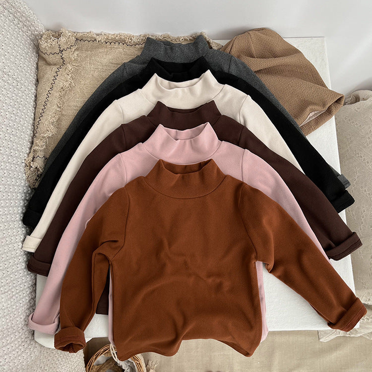 Baby Solid Color High Neck Long Sleeve Pullover Shirt Tops