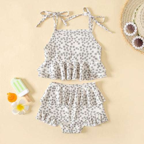 Baby Girl Floral Print Pattern Belt Design Sling Tops Combo Shorts