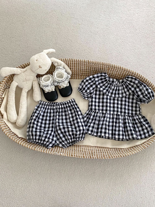 Summer Baby Kids Girls Plaid Short Sleeves Round Collar Top And Shorts
