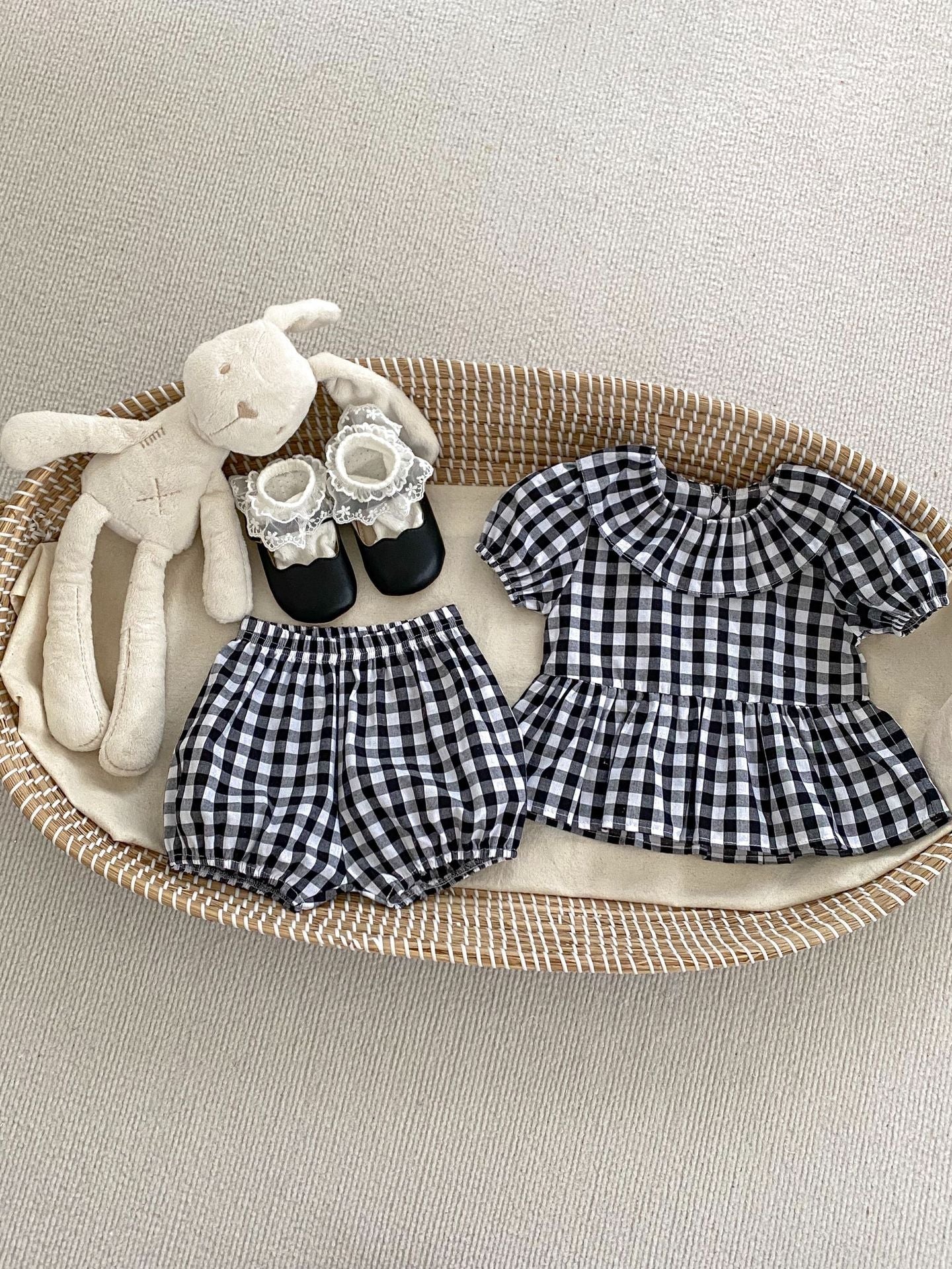Summer Baby Kids Girls Plaid Short Sleeves Round Collar Top And Shorts