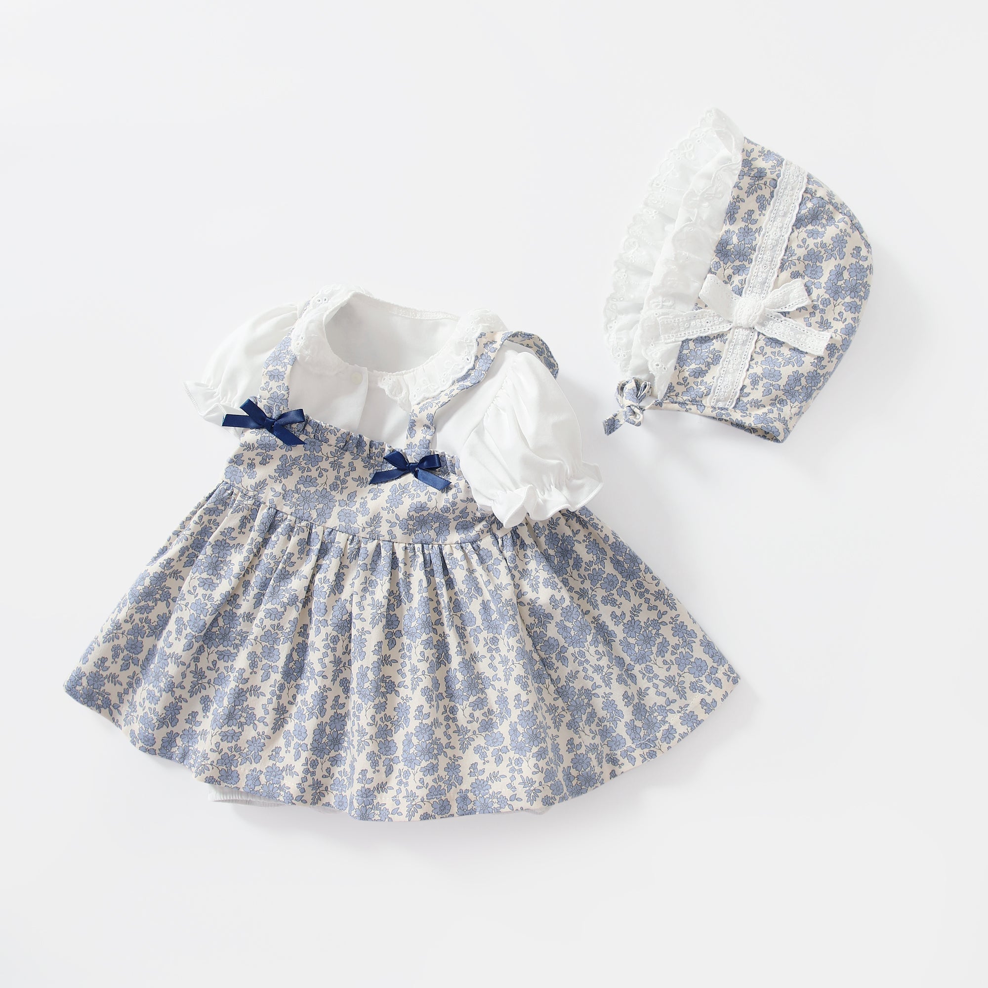 Baby Girl Vintage Floral Dress Set with Matching Bonnet – Elegant 2-Piece Outfit