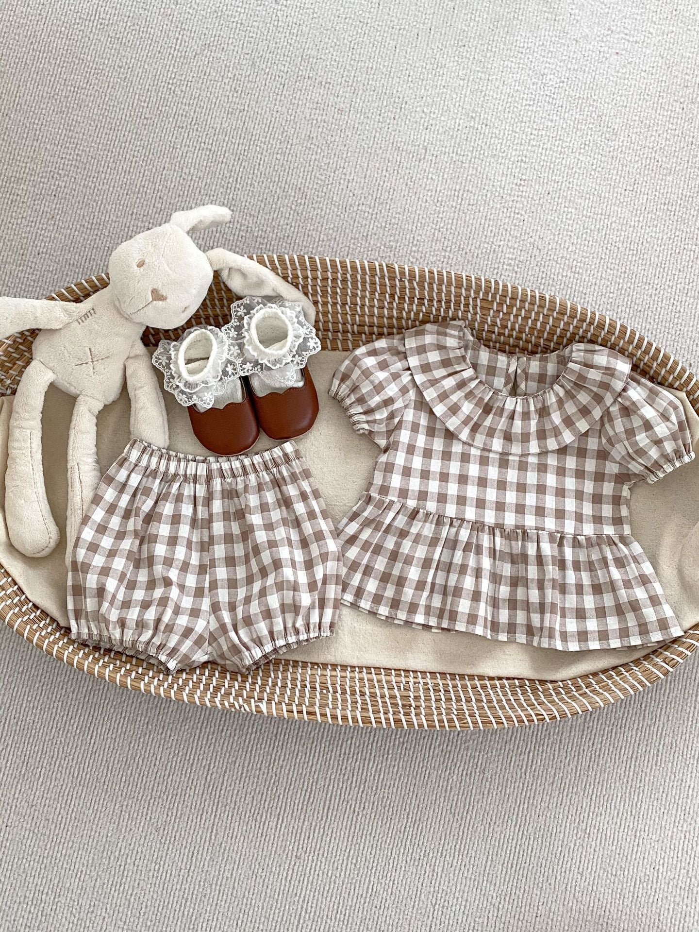Summer Baby Kids Girls Plaid Short Sleeves Round Collar Top And Shorts