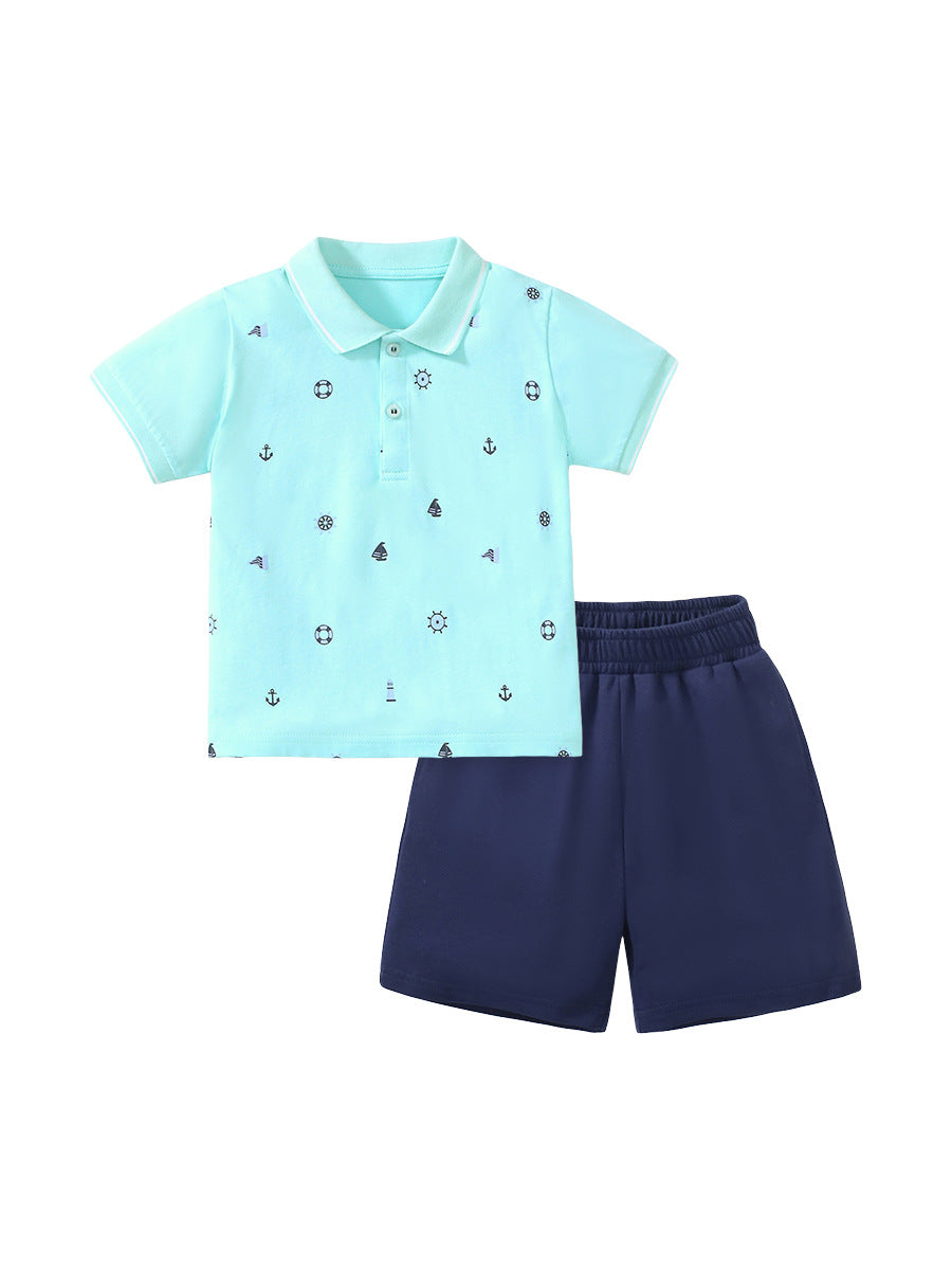 Boys Marine Print Polo Top And Casual Shorts Set