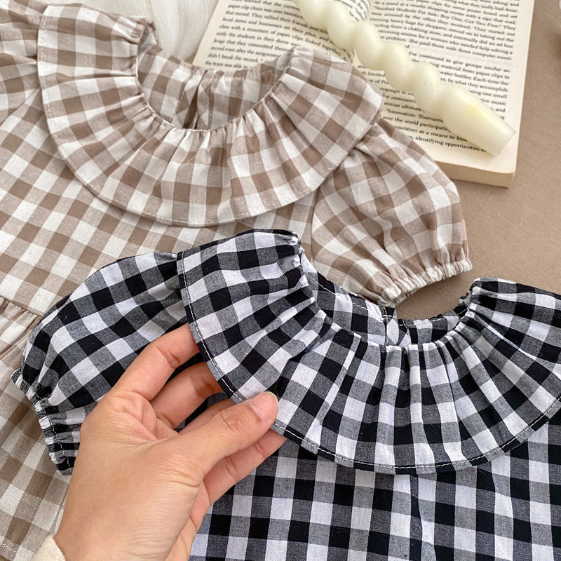 Summer Baby Kids Girls Plaid Short Sleeves Round Collar Top And Shorts