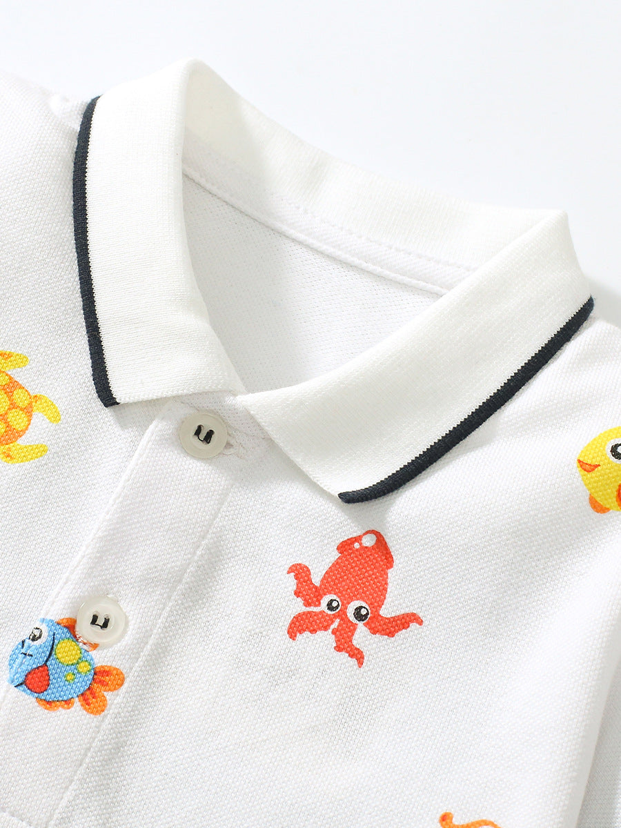 Boys Marine Print Polo Top And Casual Shorts Set
