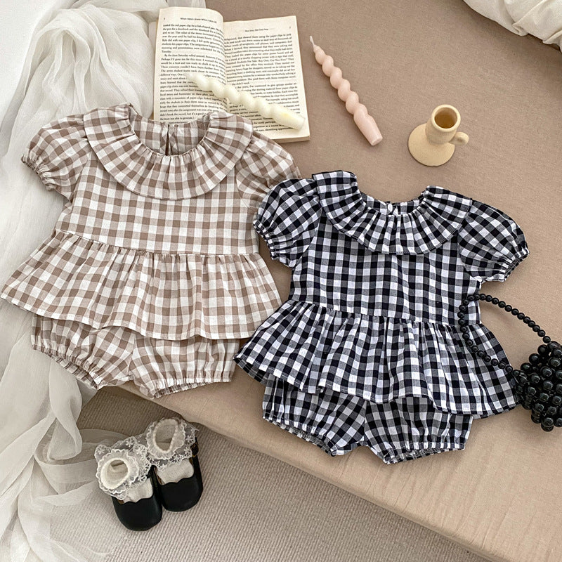 Summer Baby Kids Girls Plaid Short Sleeves Round Collar Top And Shorts