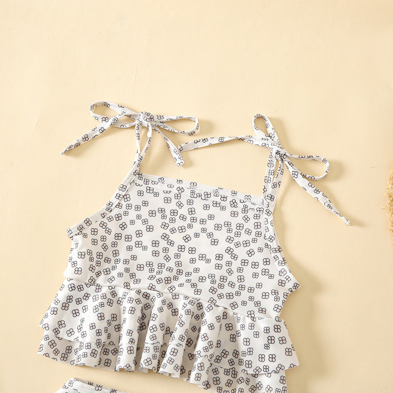 Baby Girl Floral Print Pattern Belt Design Sling Tops Combo Shorts