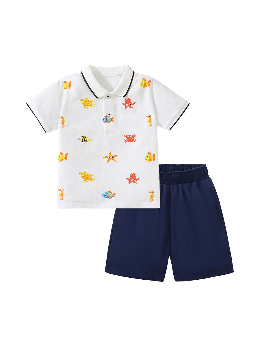 Boys Marine Print Polo Top And Casual Shorts Set